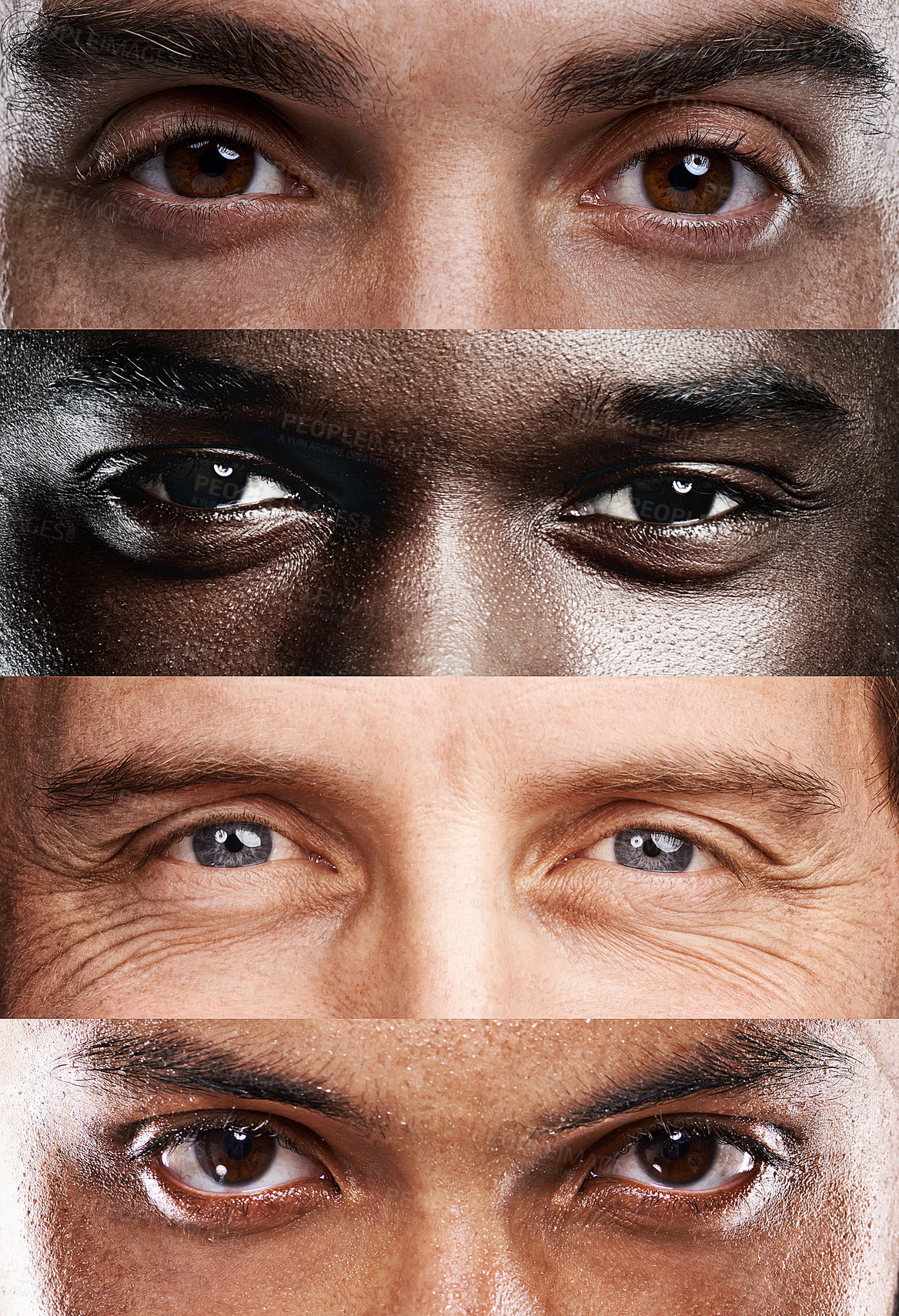 Buy stock photo A cropped view of four different nationalities of men's eyes