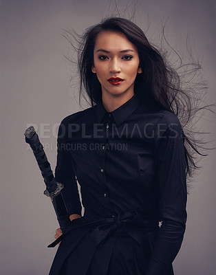 Buy stock photo Fashion, beauty portrait and warrior woman art with sword to fight for power, cosplay and fantasy. Strong asian female from Japan in black for makeup and cosmetics for samurai or ninja battle