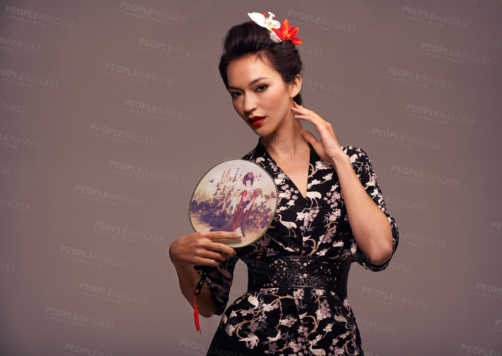 Buy stock photo Asian woman, fashion and confident with hand mirror in  studio on brown background in traditional style and elegant. Portrait, Japanese and female person with designer clothes or outfit for heritage 