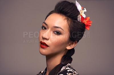 Buy stock photo Asian woman, portrait and beauty in studio, culture and traditional Japanese aesthetic on brown background. Female person, cosmetics and mockup space for dermatology, heritage and serious makeup