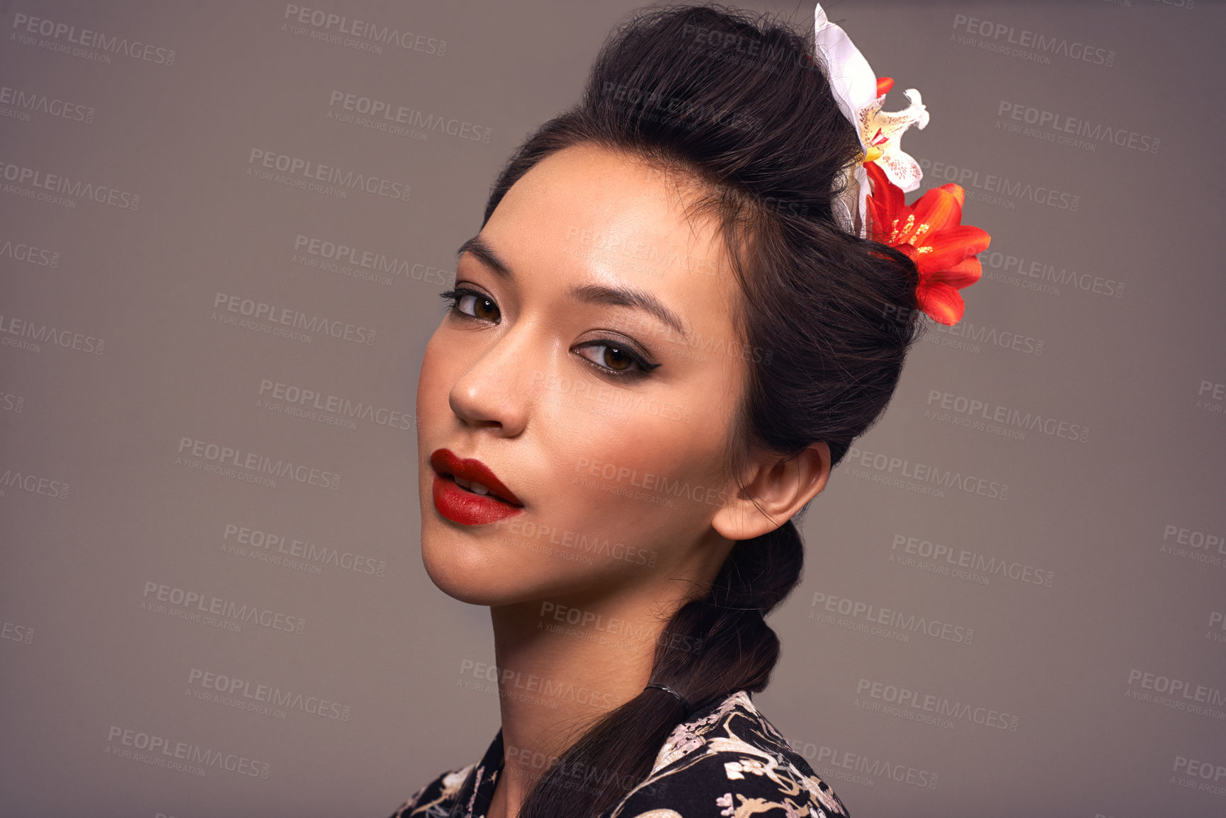 Buy stock photo Asian woman, portrait and beauty in studio, culture and traditional Japanese aesthetic on brown background. Female person, cosmetics and mockup space for dermatology, heritage and serious makeup