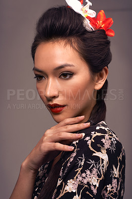 Buy stock photo Asian woman, confident and beauty in studio, culture and traditional Japanese aesthetic on brown background. Female person, cosmetics and self care for dermatology, heritage and serious makeup