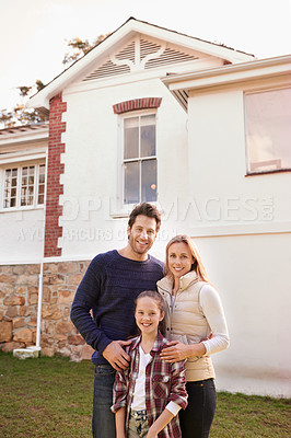 Buy stock photo New home, portrait and happy family smile for house, real estate building and property purchase, investment sale and mortgage. Love, homeowner relocation and proud mom, dad and kid standing together