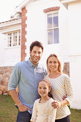 Buy stock photo New house, portrait family and happy people with real estate, neighborhood building or property rent, investment or sale. Residential mortgage, homeowner purchase or proud relocation parents with kid