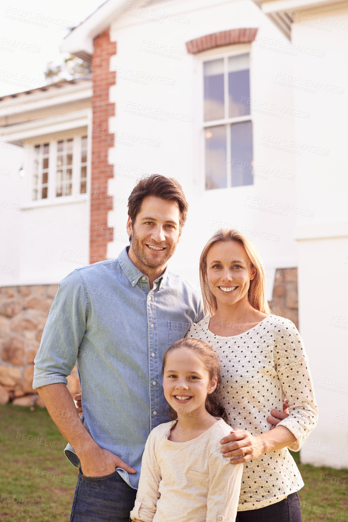 Buy stock photo New house, portrait family and happy people with real estate, neighborhood building or property rent, investment or sale. Residential mortgage, homeowner purchase or proud relocation parents with kid