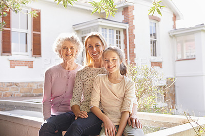 Buy stock photo Child, outdoor portrait and happy family grandma, generations and bonding care for mom, kid and grandmother. Smile, support and Mothers Day smile for young girl, mama and elderly woman in home yard