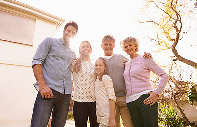 Buy stock photo Hug, backyard portrait and big family of happy child, grandparents and parents bond, care and embrace together. Solidarity, mother and kid with grandma, grandpa and dad for love, reunion or support