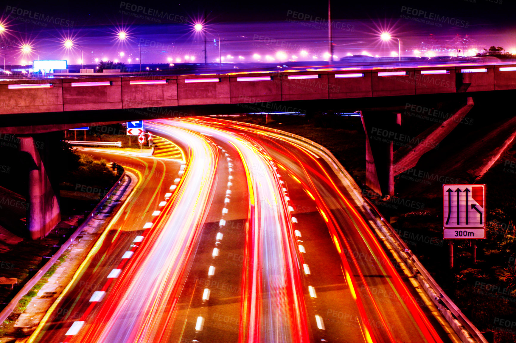 Buy stock photo Night lights, city and highway with driving infrastructure in cape town with road travel development. Transportation, neon lighting and urban street in the evening and dark in Africa rush and blur