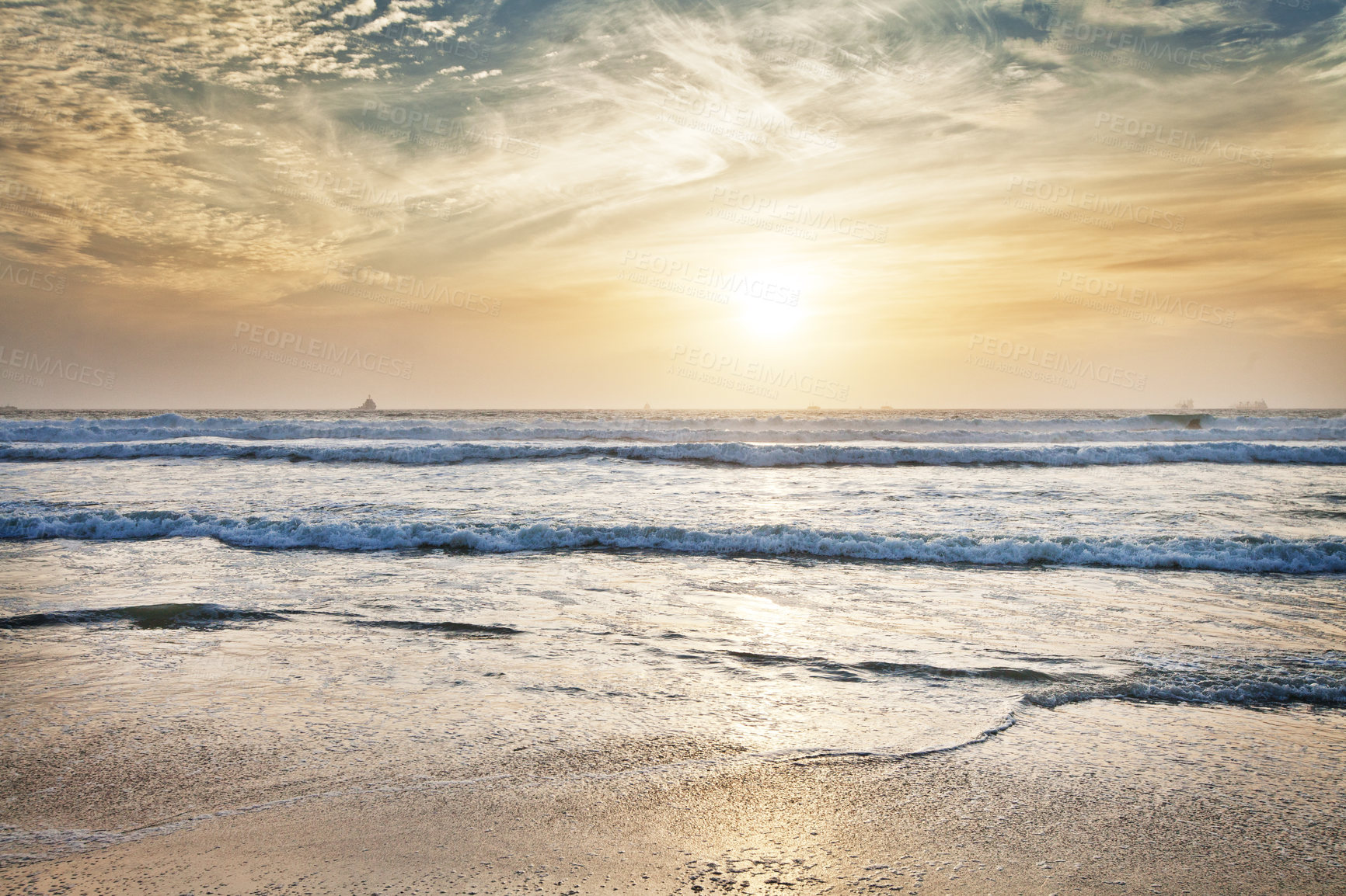 Buy stock photo Beach, water and ocean with sunrise and mockup with blue sky and waves on horizon. Sea landscape, outdoor and nature with sunshine at the coast and seaside with sand and no people with clouds