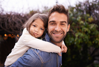 Buy stock photo Happy, piggyback and hug with father and daughter in nature for bonding, family love and affectionate. Smile, relax and happiness with man carrying young child in park for support, weekend and care