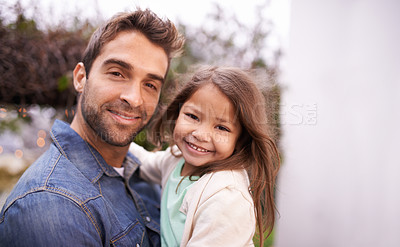 Buy stock photo Family, love and father carry girl for bonding, outside and fun for quality time. Portrait, parent and young daughter with smile in nature, embrace and happiness for vacation or travel with dad 