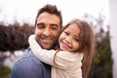 Buy stock photo Hug, love and father carry girl for bonding, outside and family for quality time. Portrait, parent and young daughter with smile in nature, embrace and happiness for vacation or travel with dad 