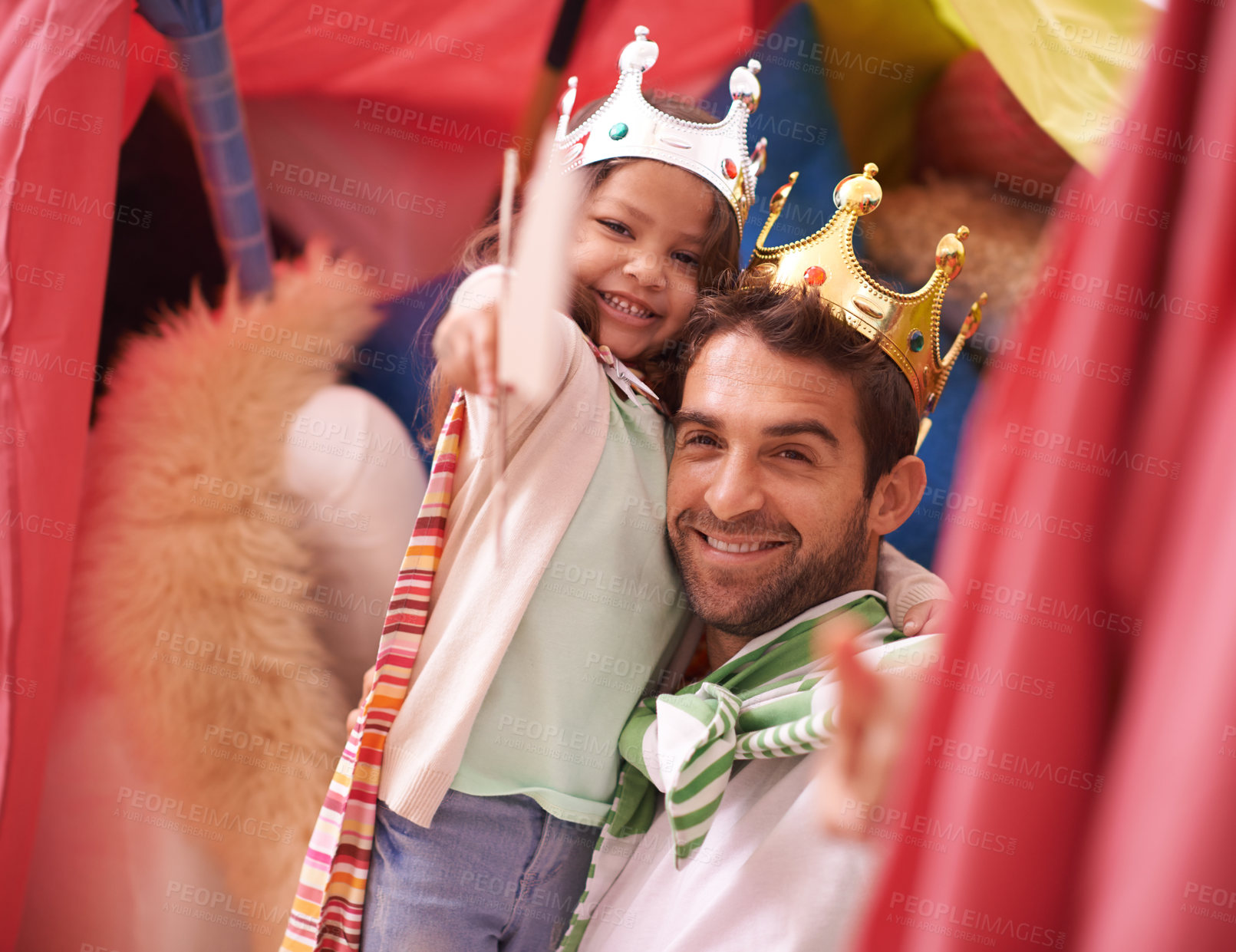 Buy stock photo King, girl or dad with princess in a portrait, home fort or family castle with crown costume or fun parent. Play, happiness or smile with father, hug and an excited child for a dress up or sword game