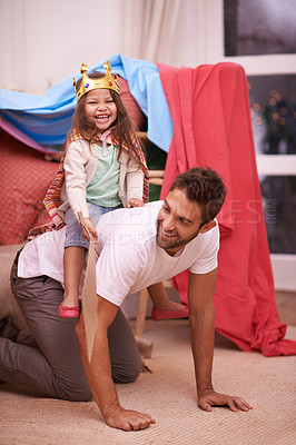 Buy stock photo Piggyback, play or dad with princess in home in a bedroom fort with crown costume, girl or parent. Family castle, happiness or smile with father and an excited child in a portrait for a dress up game