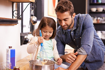 Buy stock photo Cooking, pancakes and father with daughter in kitchen for breakfast, bonding and learning. Food, morning and helping with man and young girl in family home for baking, support and teaching nutrition