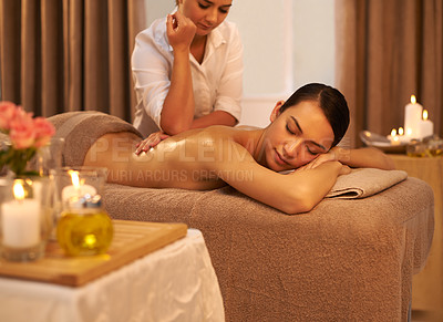 Buy stock photo Relax, back massage and female person at spa, treatment and wellness for holistic care. Calm, spine and muscle for relief with reflexology for body care, beauty salon and masseur for selfcare glow