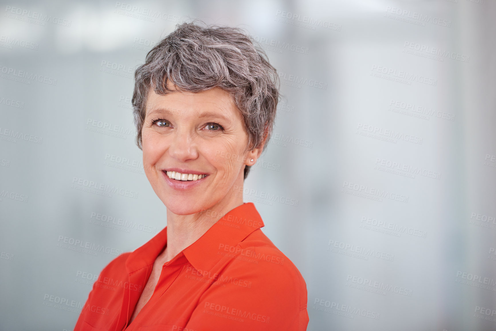 Buy stock photo Mature, woman and business with smile, portrait and entrepreneur for corporate career. Businesswoman, office and working with employer, professional agency and workplace for job confidence or startup