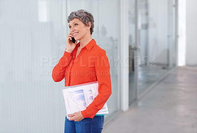 Buy stock photo Mature, businesswoman and paperwork on call in office, network technology for communication. Career development, statistics and smartphone conversation, professional work and happy female person