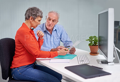 Buy stock photo Paperwork, discussion and senior woman with financial advisor in planning for pension fund in office. Conversation, documents and elderly female person with finance consultant for retirement savings.