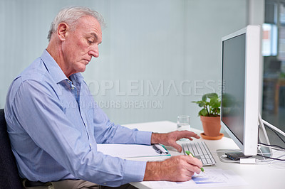 Buy stock photo Senior, businessman and computer writing at desk, worker or internet technology in office for digital job. Professional male person, online for corporate career, serious employee in workplace chair