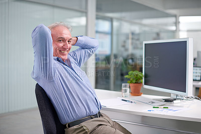 Buy stock photo Senior, businessman and relax at computer screen, portrait and internet technology in office for job. Professional male person, online for corporate career, smile employee calm and rest in chair