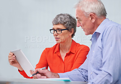 Buy stock photo Tablet, discussion and business people in office with research for company finance budget. Conversation, collaboration and financial advisors working on digital technology for project in workplace.