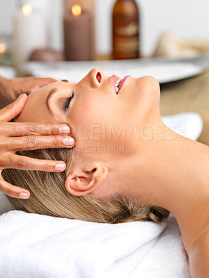 Buy stock photo Woman, head massage or relax in luxury, spa or wellness as self care in mental health sleep retreat. Peace, client or hand to oil, healing or dream at beauty, salon or table in zen cosmetology clinic