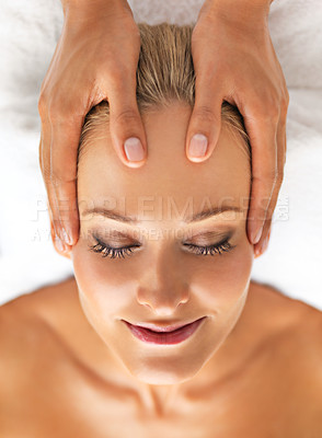 Buy stock photo Happy girl or spa in head, massage or luxury to relax, wellness or self care as mental health. Smile, client or woman to chakra, sleep or dream of salon, table or cosmetology as peace therapy