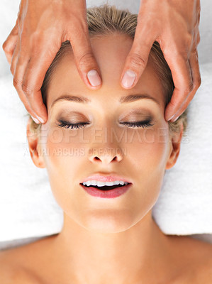 Buy stock photo Closeup, head or massage in luxury, spa or therapy as mental health, self care or relax on retreat. Zen, woman or hand in peace, salon or clinic as balance, cosmetology or breath on vacation