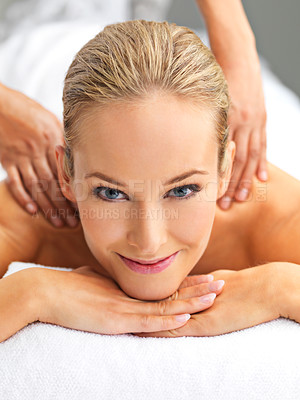Buy stock photo Relax, hands and portrait of woman with back massage at spa for wellness, health and self care. Calm, zen and happy female person with masseuse for body skin treatment or therapy at beauty salon.