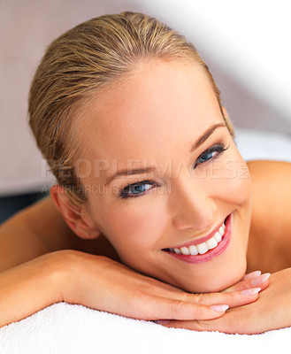 Buy stock photo Dermatology, beauty and portrait for woman in spa for skincare cosmetic and wellness for clean, clear and smooth. Model or young person and smile for relax for hygiene, face and fresh for pure