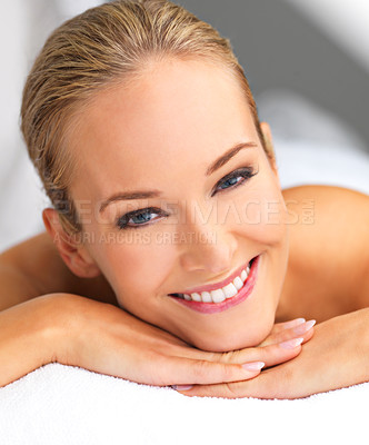 Buy stock photo Woman, smile in portrait and massage at spa for peace and treatment, destress and wellness with acupressure at luxury resort. Happy, stress relief and self care with service for holistic healing
