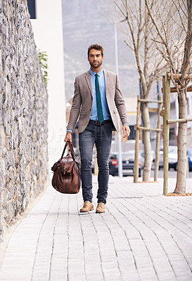Buy stock photo Businessman, walking and bag for travel in city, corporate and entrepreneur as career. Business person, professional and outdoor with fresh air, sales consultant and commute for startup project