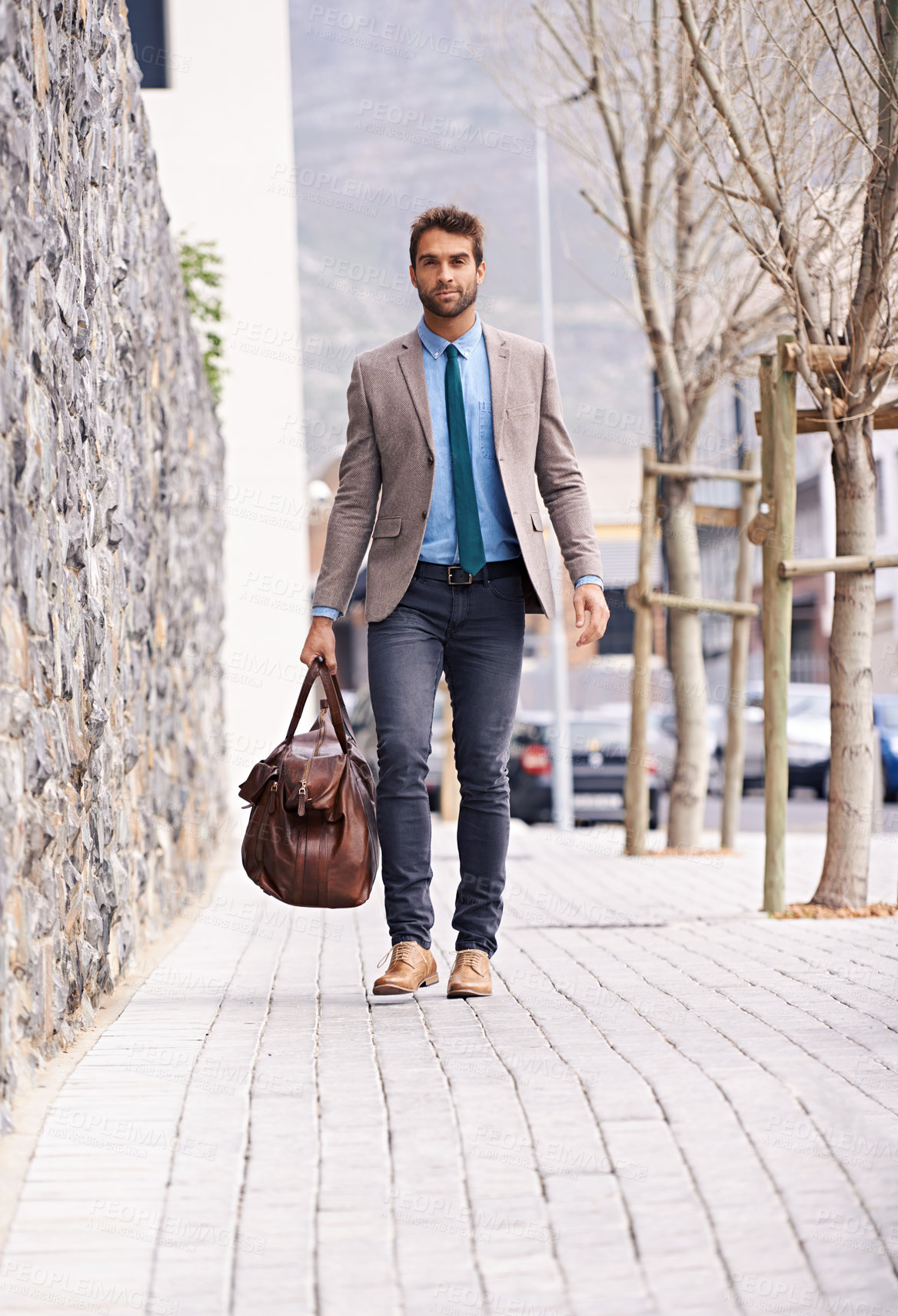 Buy stock photo Businessman, walking and bag for travel in city, corporate and entrepreneur as career. Business person, professional and outdoor with fresh air, sales consultant and commute for startup project