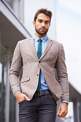 Buy stock photo Businessman, portrait and professional in New York as entrepreneur and career for man in city. Male person, corporate and outdoors for urban culture, lawyer and legal advisor outside for air