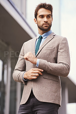 Buy stock photo Business man, city and fashion outdoors on journey, professional and travel to office building. Male person, architect and serious face in urban town, employee and work trip for job opportunity