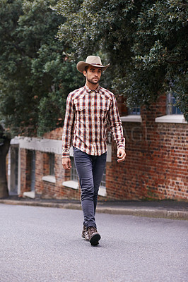 Buy stock photo Man, road and outdoor cowboy fashion, western culture and countryside ranch in Texas. Male person, hat and flannel shirt for farmer aesthetic, nature and plaid style by trees or outside street