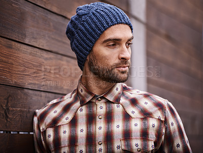Buy stock photo Fashion, person and thinking on wooden wall with idea for trendy, cool and style for urban outdoor. Man or guy, choice and planning for weekend or holiday with winter outfit and stylish in Germany