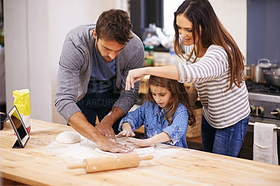 Buy stock photo Happy, family and child hands in kitchen, marriage couple and female person baking in home. Father, mama helping make dough with flour on counter, parents and kid together for bonding with love