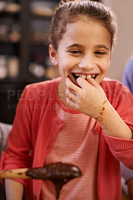 Buy stock photo Portrait, baking and learning with girl, kid and child development with taste and ingredients. Face, home or recipe in a kitchen with snack or spoon with chocolate or food with fun, activity or hobby