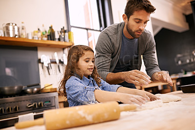 Buy stock photo Pizza, dough and child with father in kitchen and teaching recipe and learning to meal prep food. Cooking, together and girl helping with rolling pin, flour and baking with dad in home for dinner