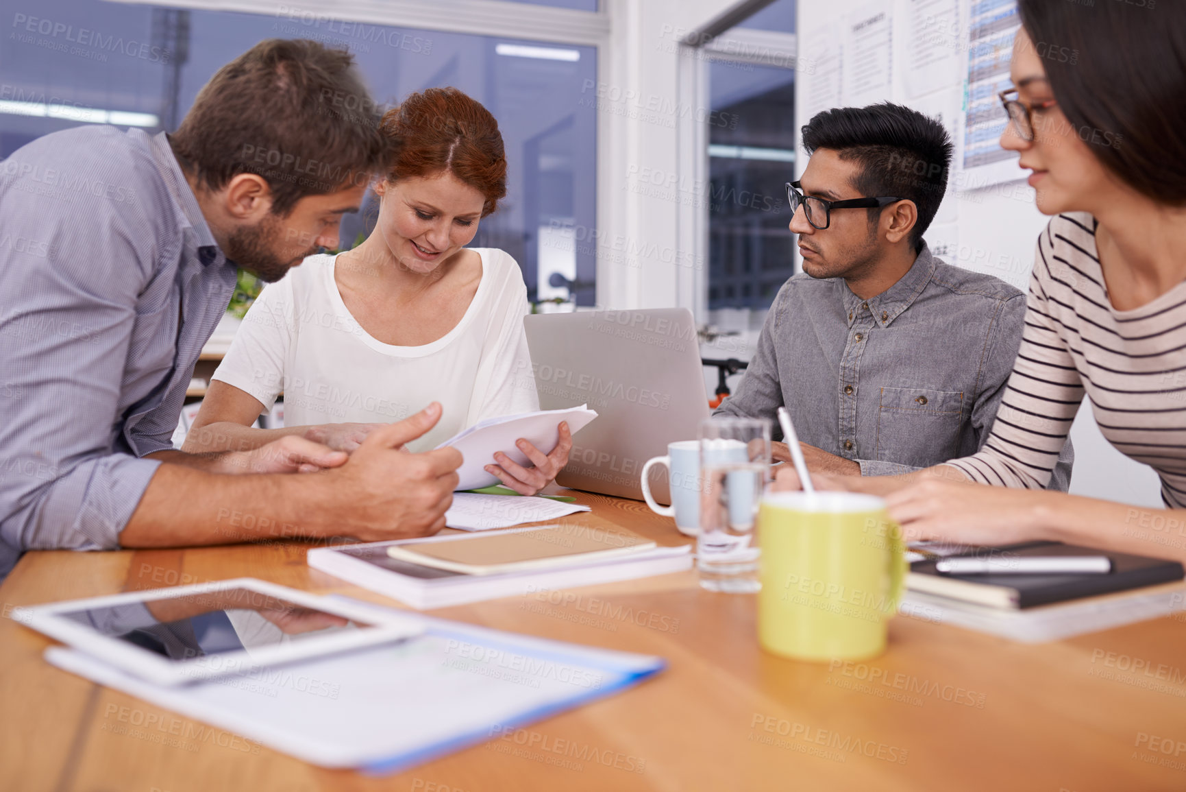 Buy stock photo Coworkers, business people and meeting in workplace for teamwork, collaboration or documents. Office, creative company and diversity group of employees together for discussion, planning or technology