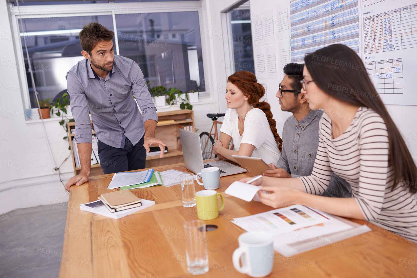 Buy stock photo Coworkers, business people and meeting in conference room for teamwork, collaboration or idea. Office, creative company and diversity group of employees together for discussion, planning and laptop