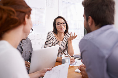 Buy stock photo Teamwork in creative meeting, people brainstorming ideas and happy working together in conference room. Planning, collaboration with men and women in strategy discussion at startup and writing notes