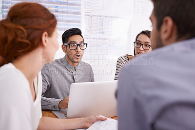 Buy stock photo Teamwork, business people and meeting in conference room with laptop for collaboration, discussion or strategy. Office, company and diversity group of employees for idea, planning and charts