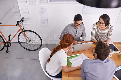 Buy stock photo People in conference room, team at meeting and brainstorming with collaboration and project planning top view. Teamwork, strategy discussion in workplace with young men and women working together