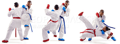 Buy stock photo Karate, fight and people in studio exercise, training with gloves on fist or collage of class. Composite, montage and student learning from teacher in martial arts with kick or punch technique
