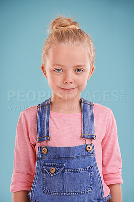 Buy stock photo Child, smile and portrait in studio for fashion, young and growing up for adolescent, innocent and pink. Little girl or kid and happy with denim for junior, childhood and children for joy and cute
