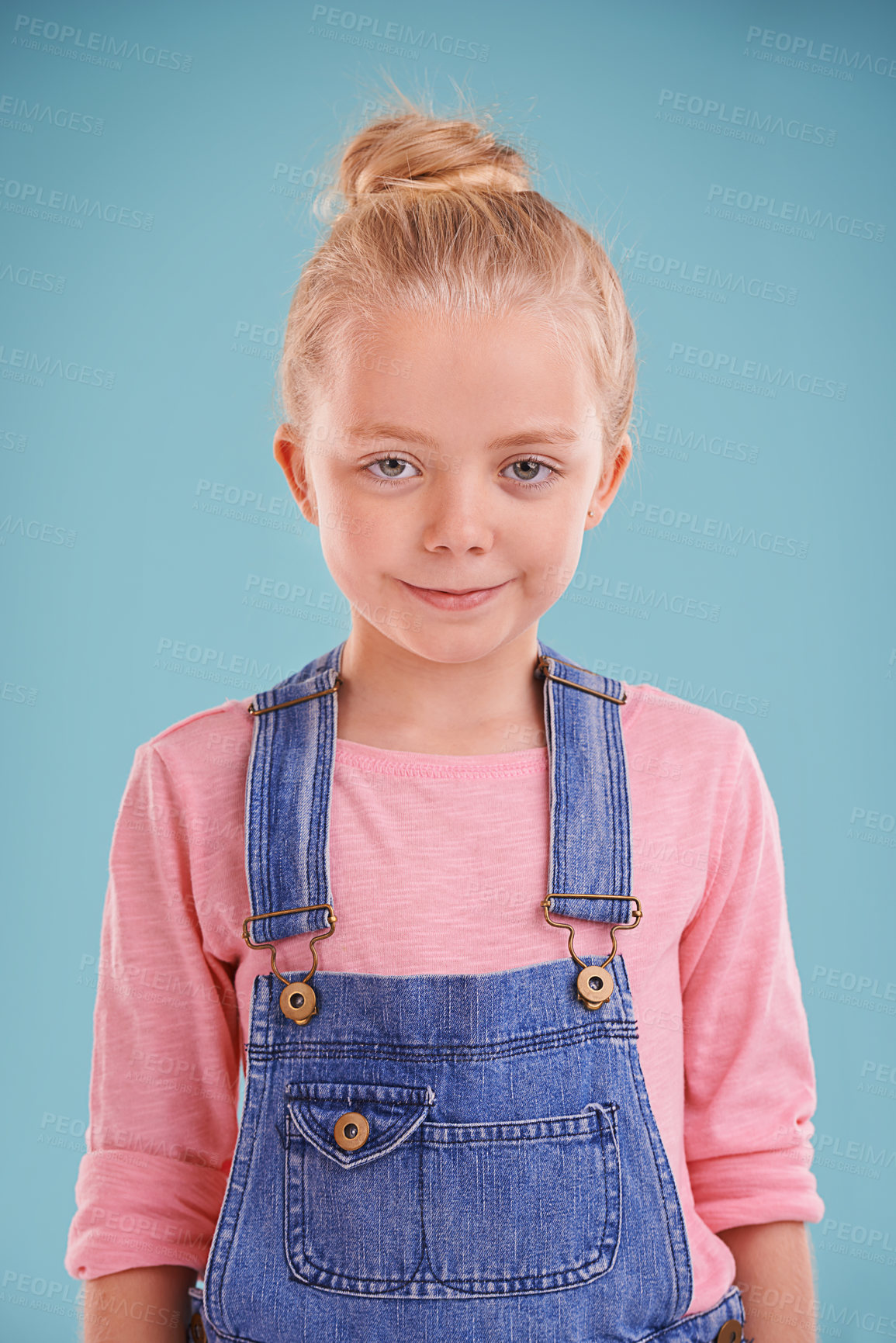 Buy stock photo Child, smile and portrait in studio for fashion, young and growing up for adolescent, innocent and pink. Little girl or kid and happy with denim for junior, childhood and children for joy and cute
