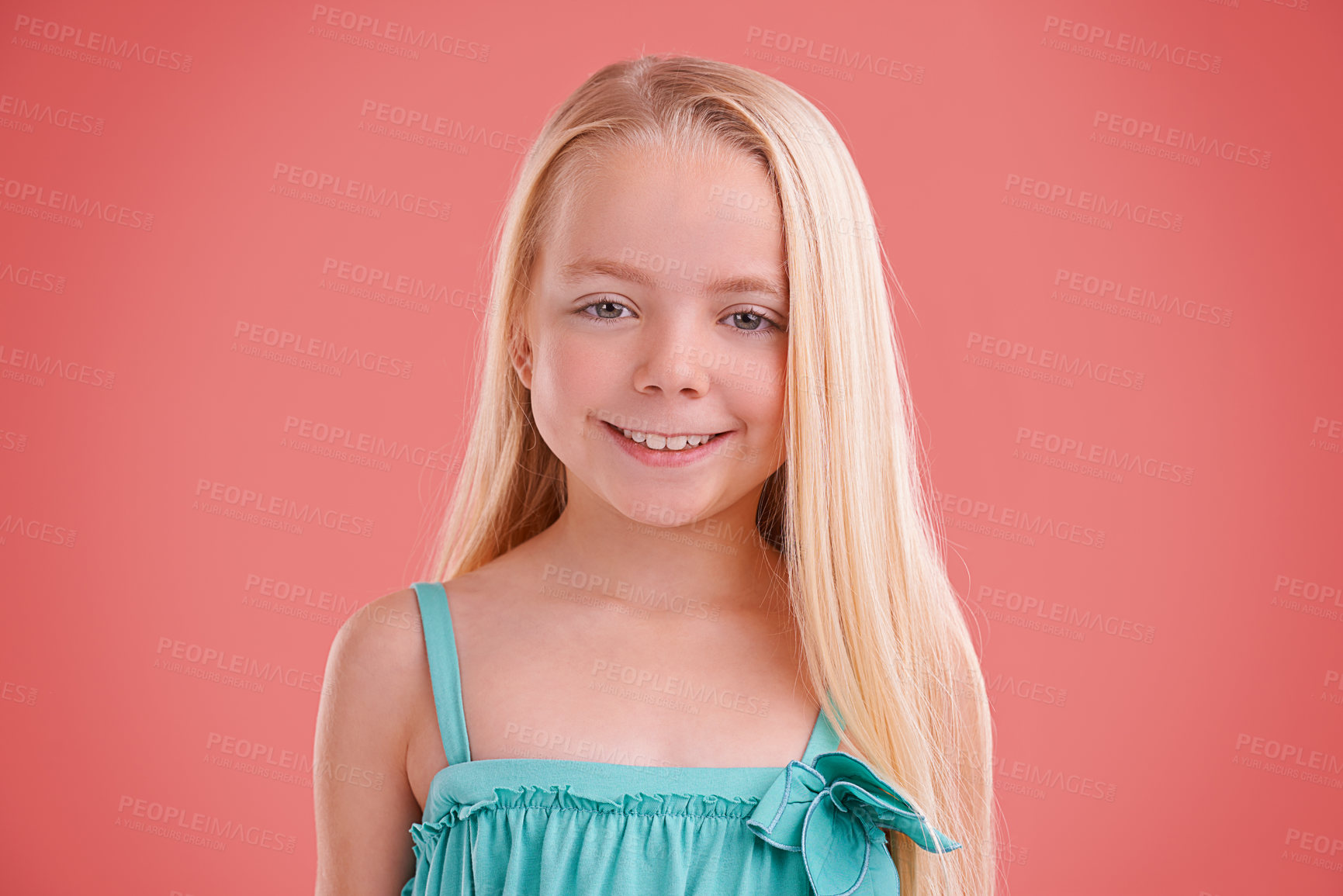 Buy stock photo Girl, portrait and smile for growth in studio, child development and proud on pink background. Happy female person, kid and confident for childhood on backdrop, positive attitude and satisfaction